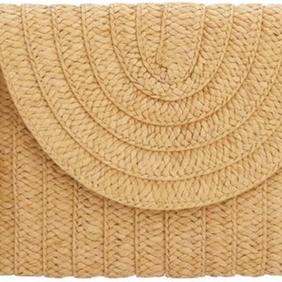Straw Clutch Bag Women Handmade Summer Crossbody Purses with PomPoms - Picture 1 of 5